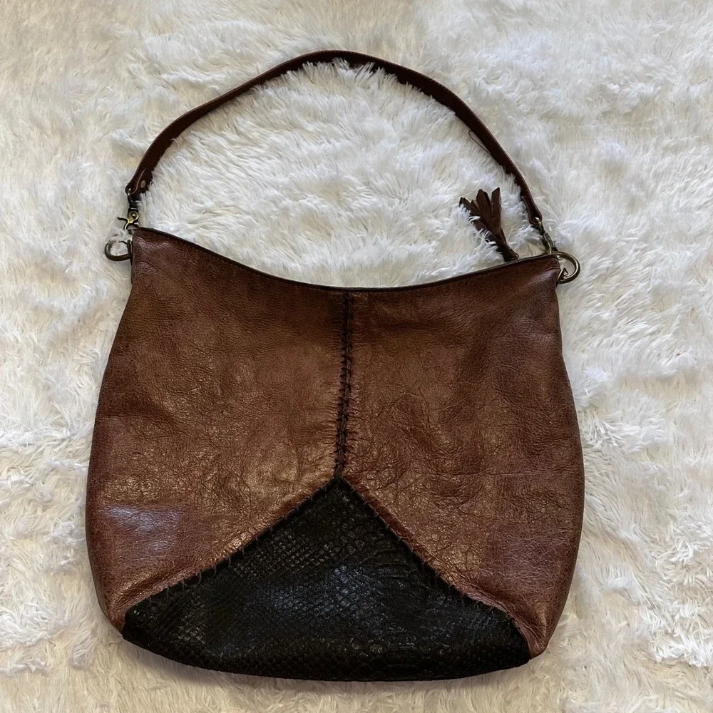 The Sak Hobo Bag Brown Leather Patchwork Snakeskin Accent‎ Shoulder Bag